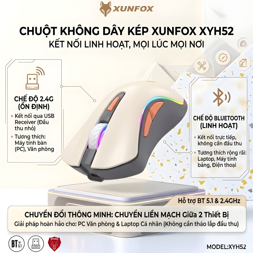 Chuột Không Dây Gaming Led PRO Ziyou H52 Công Thái Học Bluetooth 5.1 và USB 2.4G Pin Sạc 20 Ngày | BigBuy360 - bigbuy360.vn