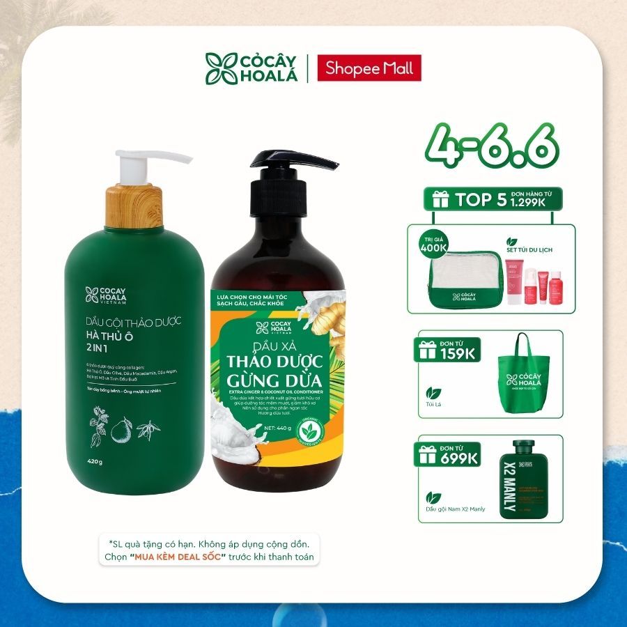 [HỎA TỐC] Combo Dầu Gội Hà Thủ Ô 2in1 420G & Dầu Xả Gừng Dừa 440G Cỏ Cây Hoa Lá Giúp Giảm Gãy Rụng, 