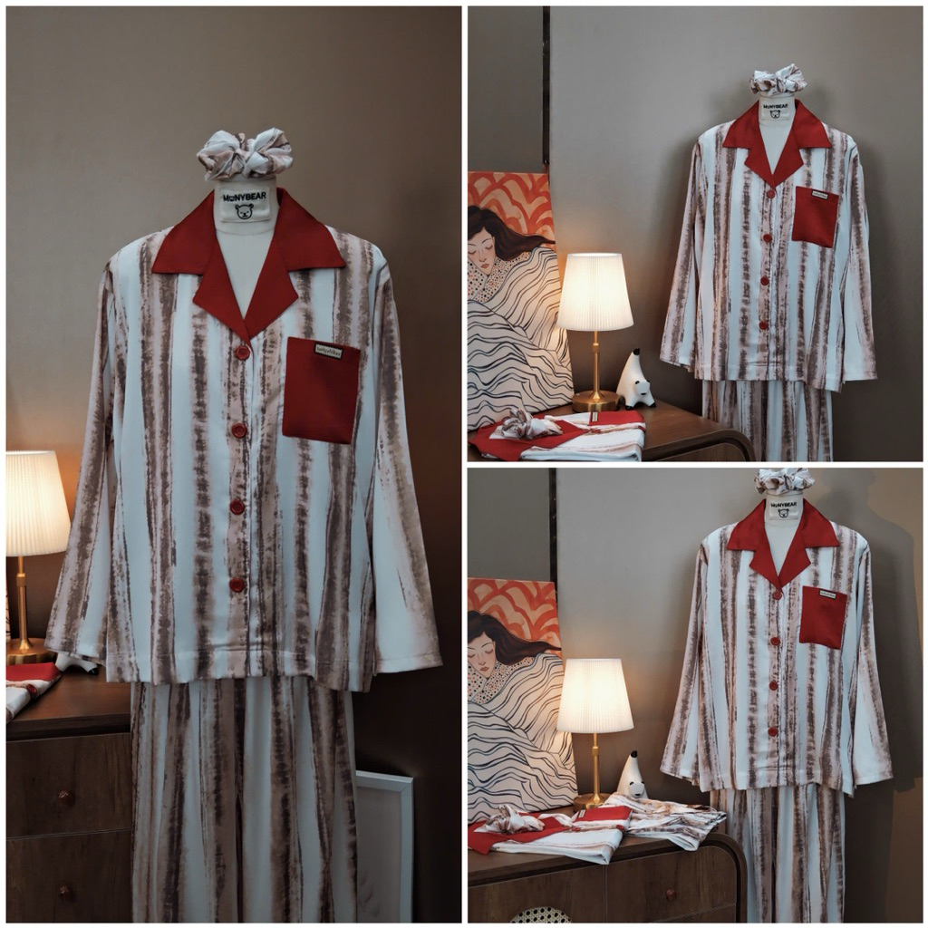 Bộ Pijama Monybear TDQD Lụa Tô Châu Loang Nâu Cổ Đỏ - Mb114