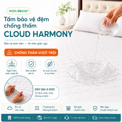Tấm Bảo Vệ Đệm Chống Thấm Cloud Harmony Mịn Decor, Ga Chống Thấm Chun Cài Cố Định Chắc Chắn