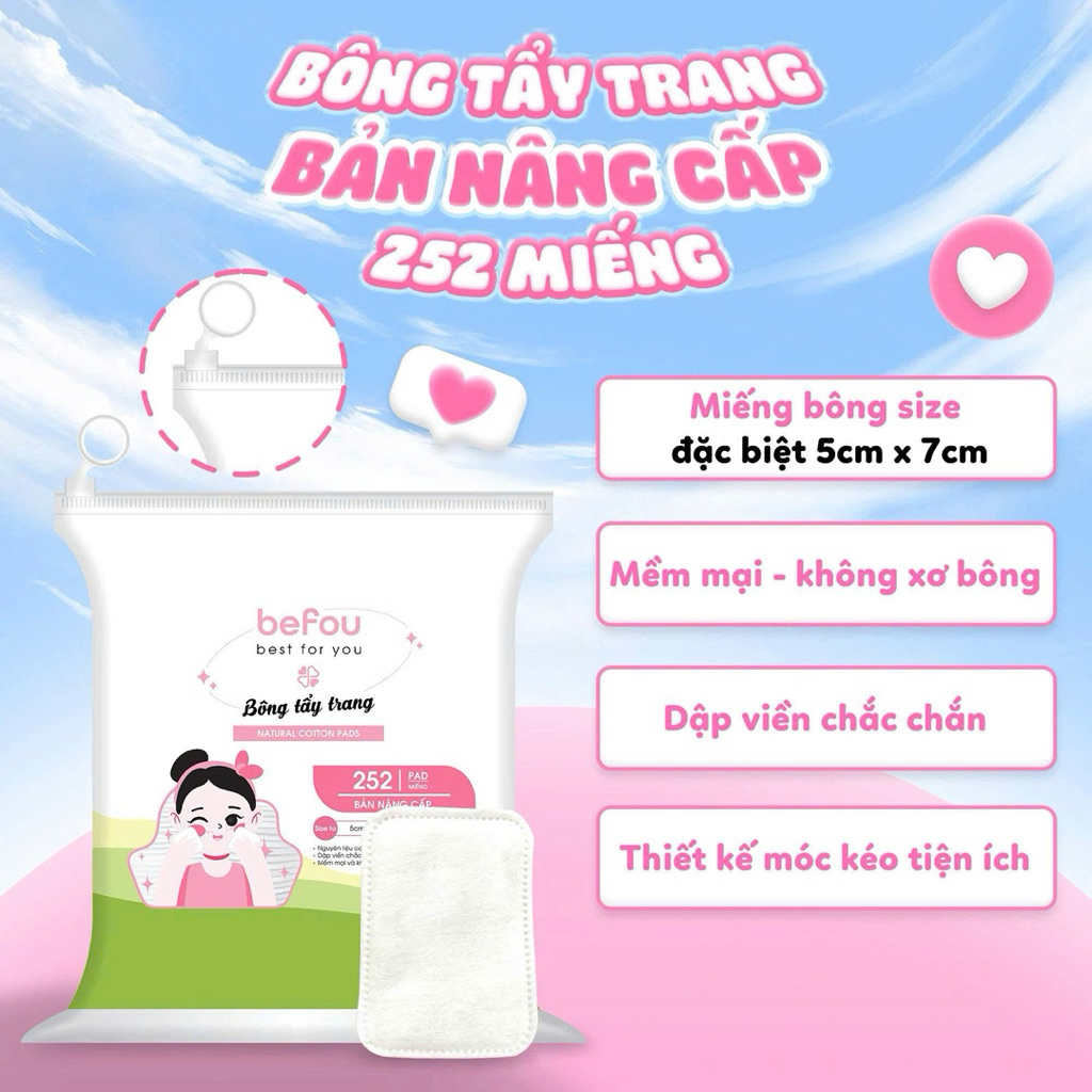 Bông Tẩy Trang Cotton Befou 252 Miếng Vuông