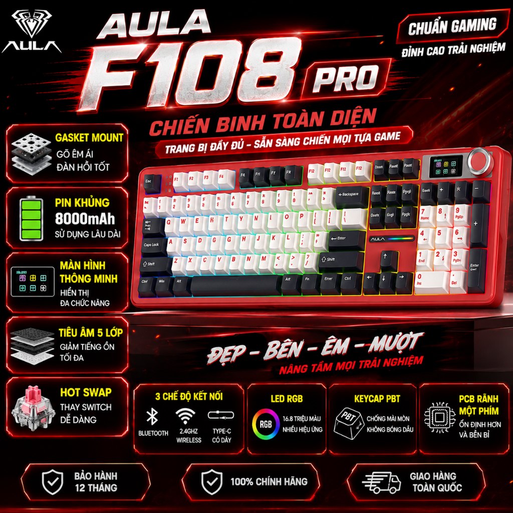🔥 Bàn Phím Cơ Aula F108 Pro – Fullsize 108 Phím | 3 Mode | LCD & Núm Xoay