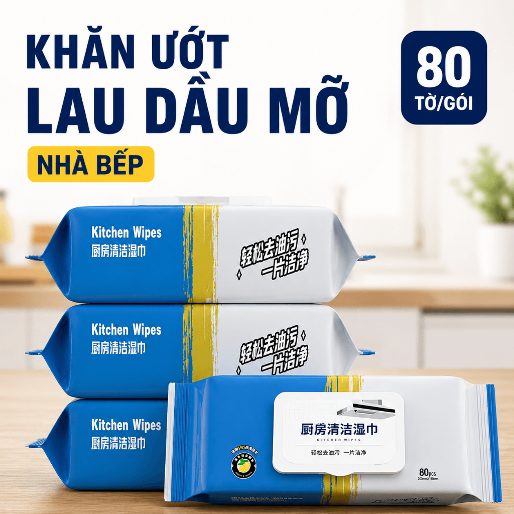 Combo 2 - 5 Gói Khăn Ướt Lau Dầu Mỡ Nhà Bếp 80 Tờ/Gói - Giấy Lau Bếp Đa Năng Dùng Một Lần