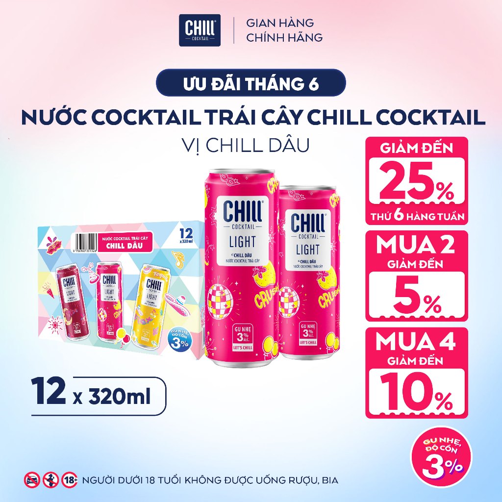 Thùng 12 Lon CHILL DÂU 320ml, Nước Cocktail Trái Cây Gu Nhẹ 3% Ít Cồn - CHILL COCKTAIL LIGHT