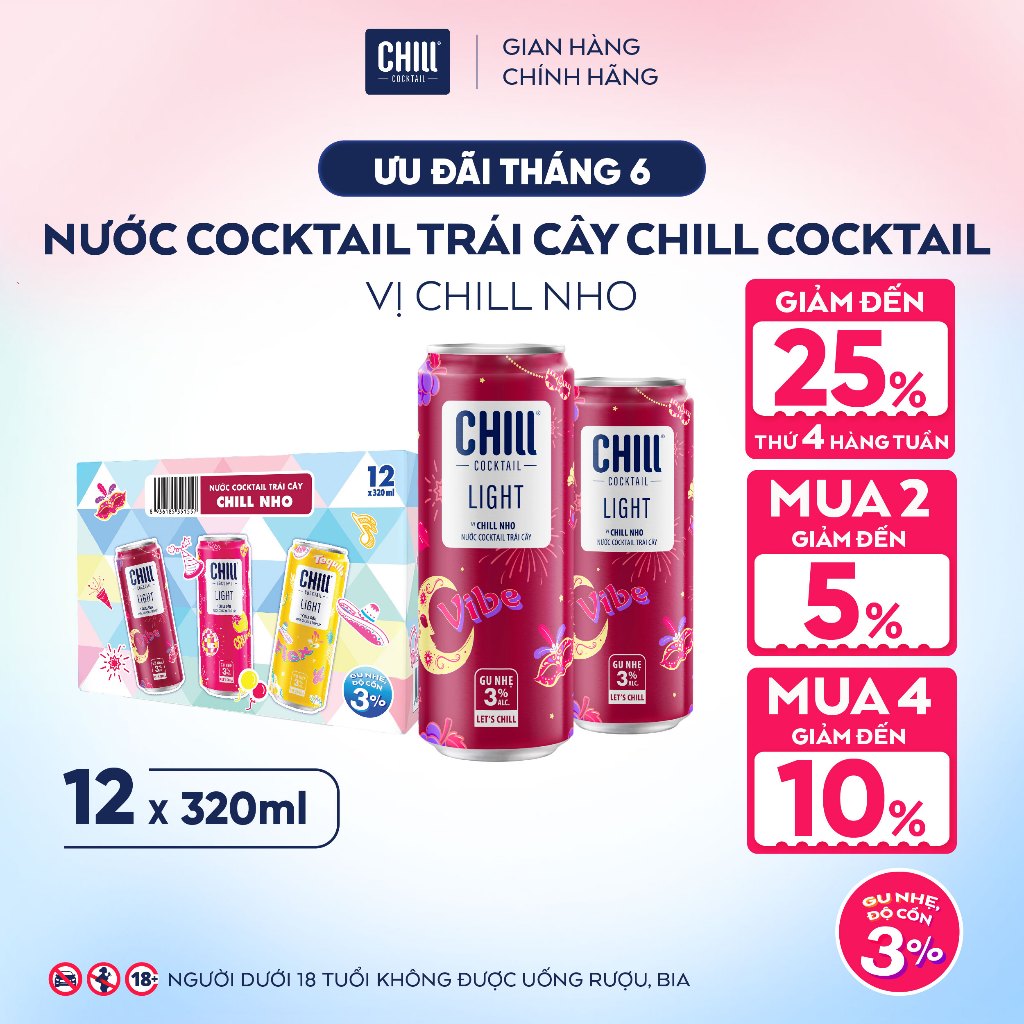 Thùng 12 Lon CHILL NHO 320ml, Nước Cocktail Trái Cây Gu Nhẹ 3% Ít Cồn - CHILL COCKTAIL LIGHT
