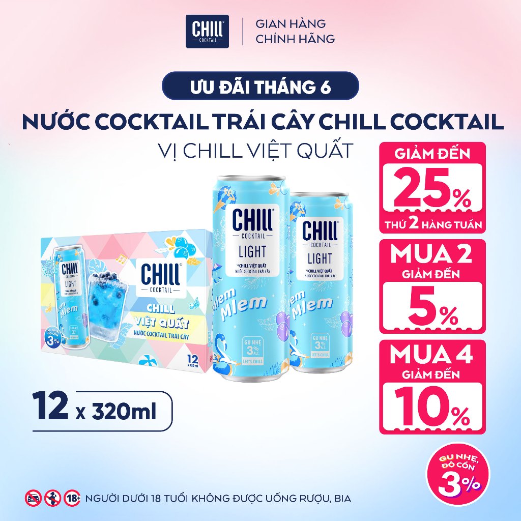 Thùng 12 Lon CHILL VIỆT QUẤT 320ml, Nước Cocktail Trái Cây Gu Nhẹ 3% Ít Cồn - CHILL COCKTAIL LIGHT