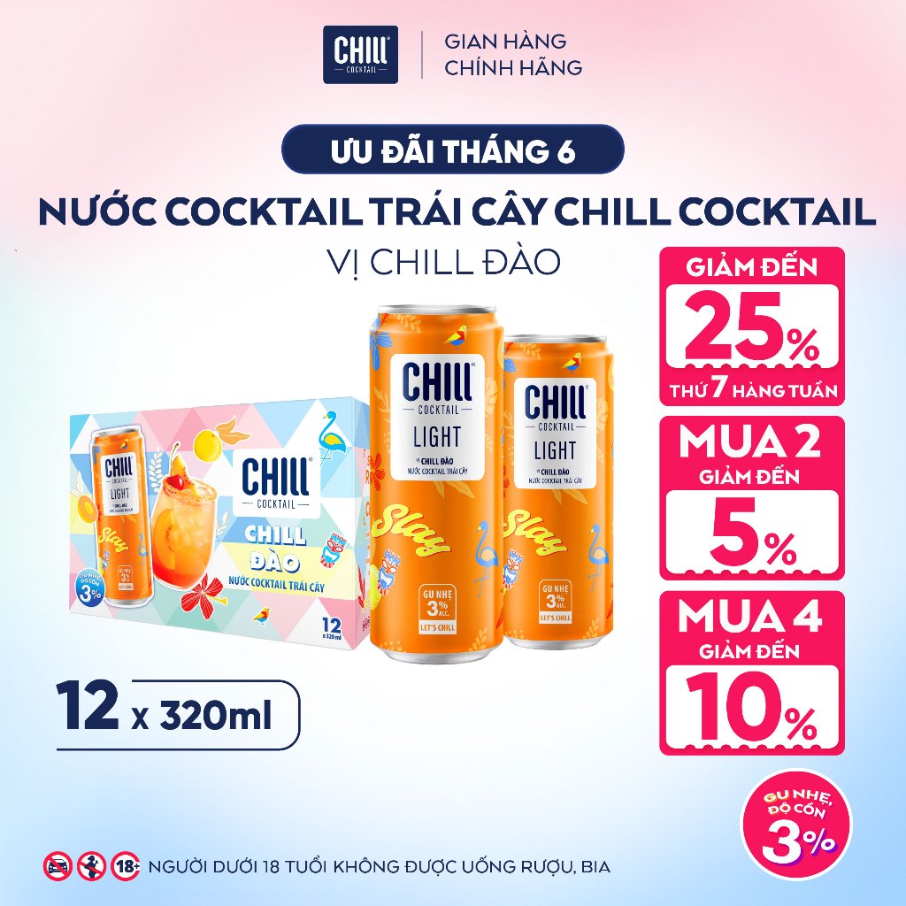 Thùng 12 Lon CHILL ĐÀO 320ml, Nước Cocktail Trái Cây Gu Nhẹ 3% Ít Cồn - CHILL COCKTAIL LIGHT