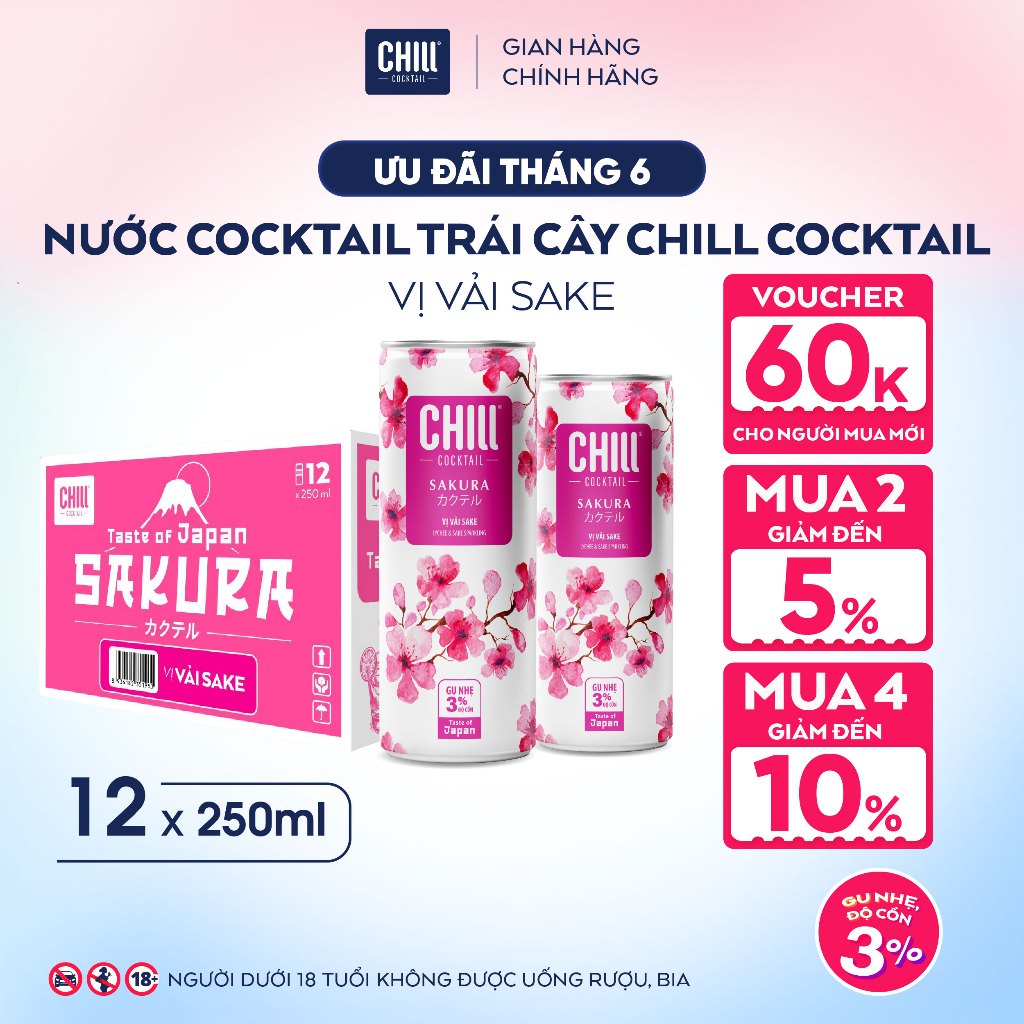 Thùng 12 Lon CHILL VẢI SAKE 250ml, Nước Cocktail Trái Cây Gu Nhẹ 3% Ít Cồn - CHILL COCKTAIL SAKURA