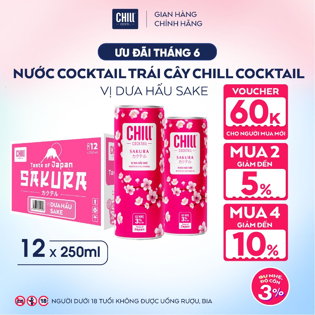 Thùng 12 Lon CHILL DƯA HẤU SAKE 250ml, Nước Cocktail Trái Cây Gu Nhẹ 3% Ít Cồn - CHILL COCKTAIL SAKU