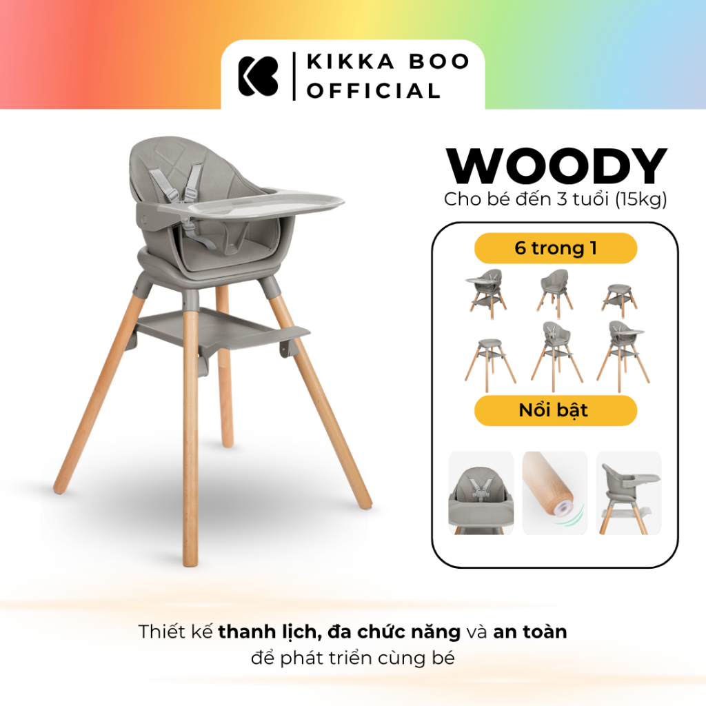 Ghế Ăn Dặm Kikka Boo Woody Beige - Đa Năng 6 Trong 1, Đệm Da Cao Cấp - Chính Hãng
