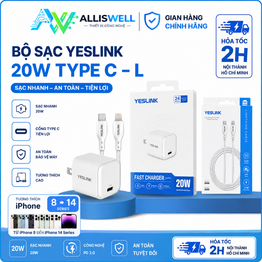 Bộ Sạc YESLINK 20W PD Type C to Lighning Cho iP 8-14 Series Chính Hãng