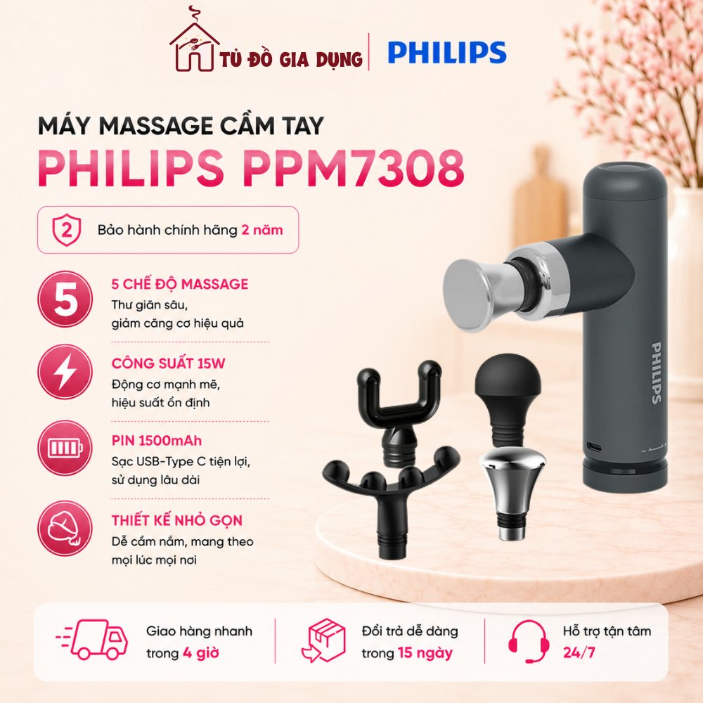 Súng massage cầm tay Philips PPM7308 PPM7307 - Nhỏ gọn | Đa năng - Giảm đau, căng cứng, mỏi cơ