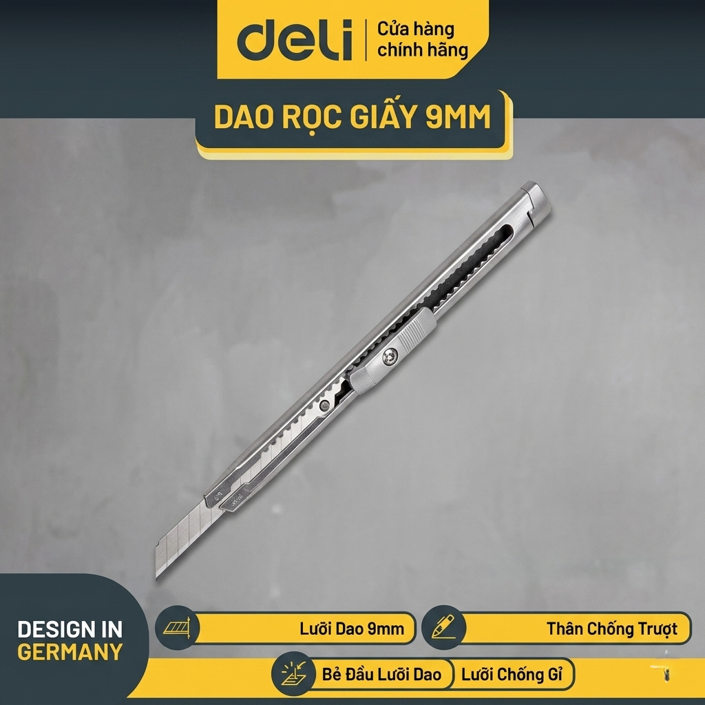 🔪 Dao Rọc Giấy Deli 9mm Chính Hãng EDL007 / EDL007B / EDL007H Lưỡi SK5 Sắc Bén Khóa Tự Động