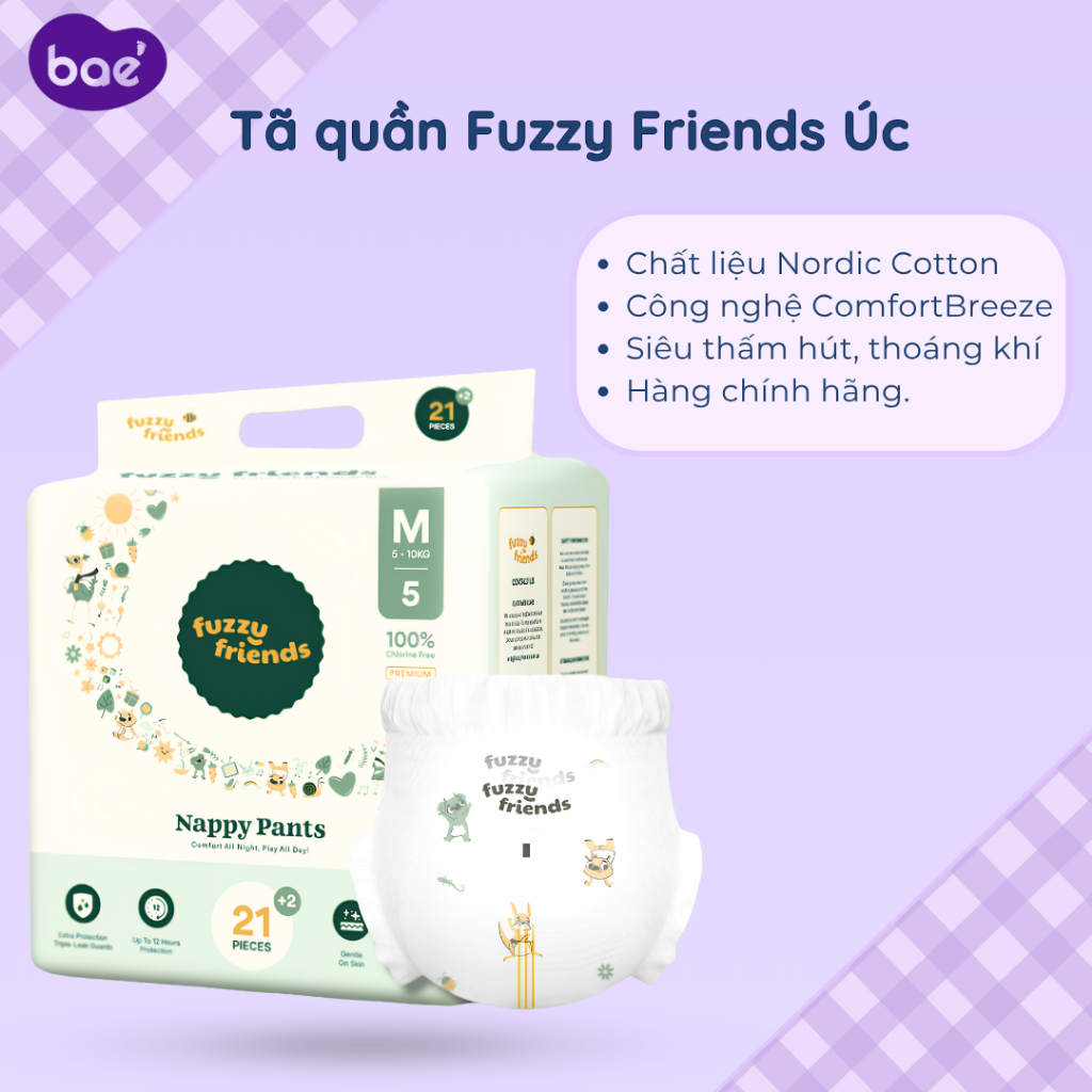 Tã/ Bỉm đêm FUZZY FRIENDS mỏng nhẹ, thấm hút tốt cho bé từ sơ sinh- Bae Center