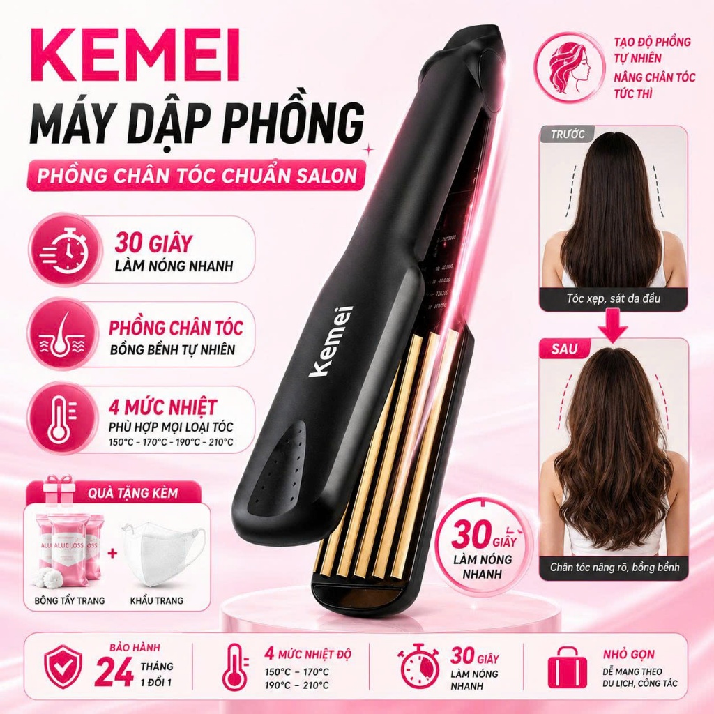 Máy Dập Phồng Chân Tóc Kemei KM332, 4 Nhiệt Độ, Tạo Kiểu Phồng Tóc Tự Nhiên