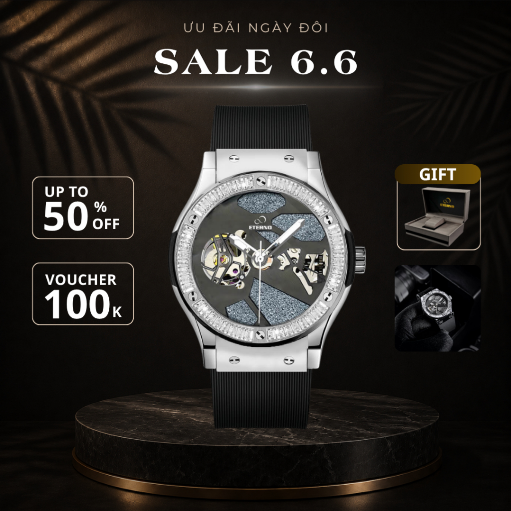 Đồng Hồ Cơ Nam ETERNO E25-0073 Automatic, Dây Cao Su Cao Cấp, Đính Đá