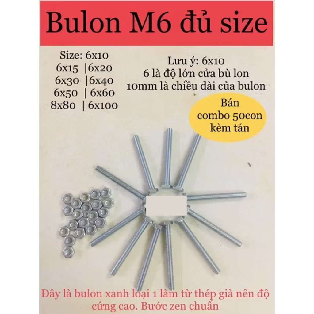 50 bộ bulon+ tán M6| size M6x50/M6x60/ M6x80/ M6x100/ M6x120 mm