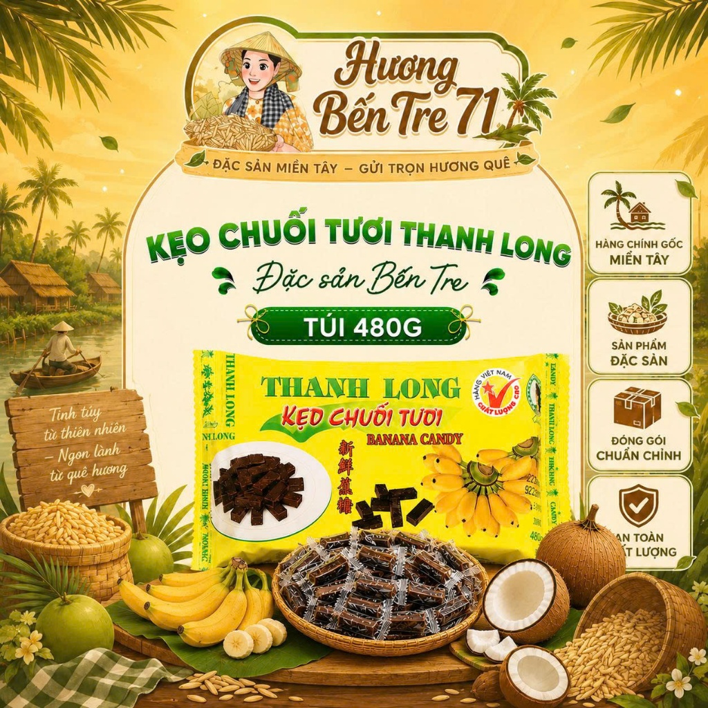 Kẹo Chuối Tươi Cốt Dừa Gói Tay Thanh Long - Hộp 480g
