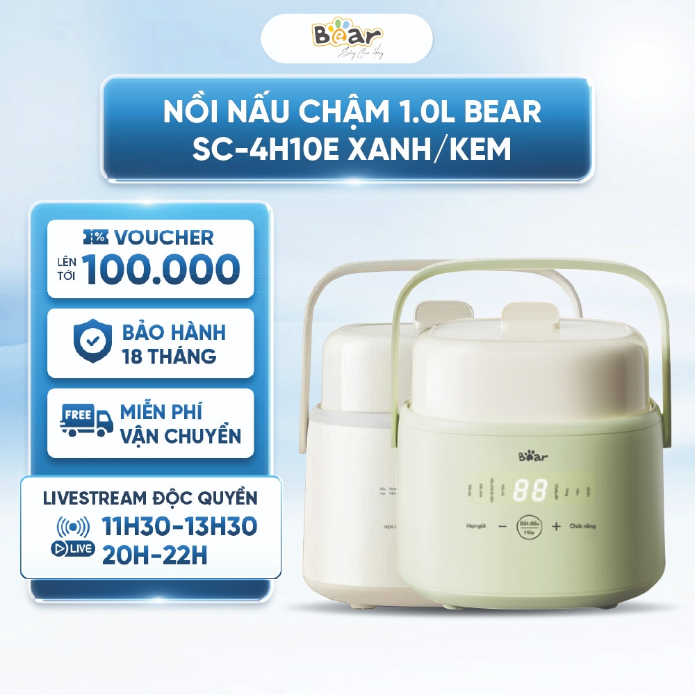 Nồi nấu chậm 1.0L Bear SC-4H10E - 7 chế độ nấu sẵn - Giữ ấm 24h - Bản Quốc tế