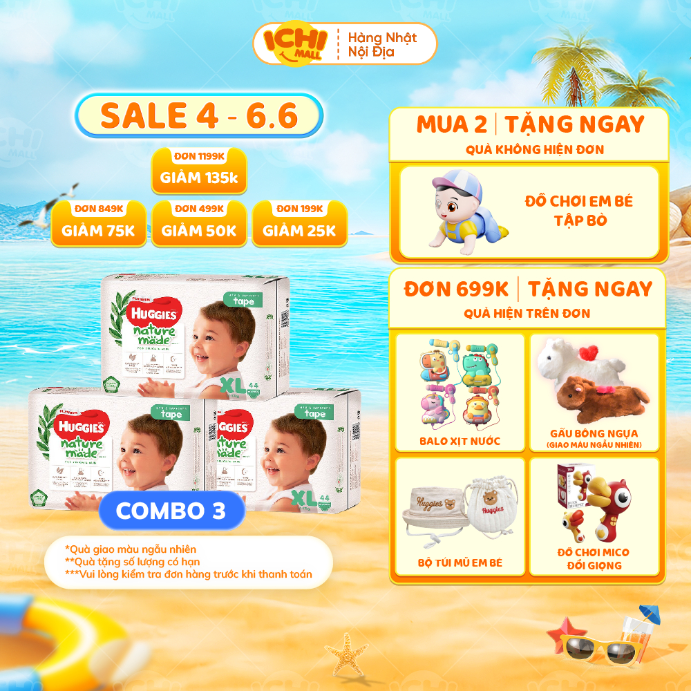 Combo 3 gói Tã bỉm dán/quần HUGGIES PLATIUM NATURE MADE size M58/L44/XL 38/XXL26/S82/NB60 - Hàng chí