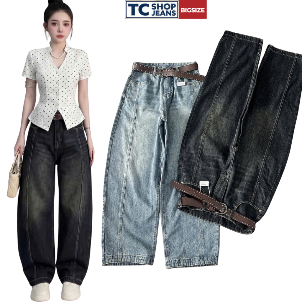 Quần jean ống thụng cong hack chân che khuyết điểm tốt  TC SHOP JEANS bigsize 55-90kg chất jean mềm 