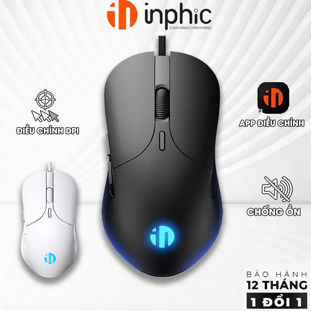 Chuột gaming có dây INPHIC B1 silent 6 nút bấm có app 8800 DPI ghìm tâm auto tap macro laptop máy tí