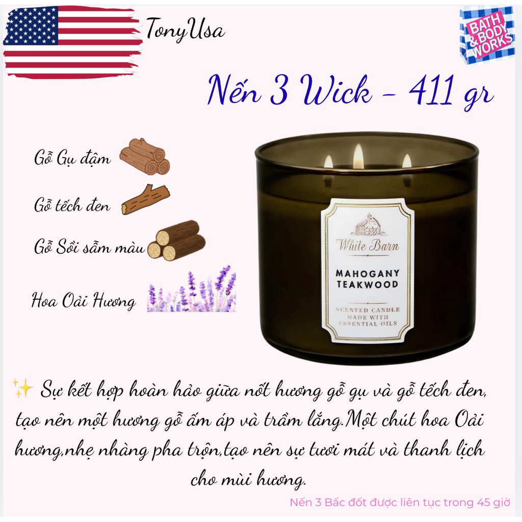 Nến 3 Bấc Mahogany Teakwood Bath & Body Works Bill Mỹ 🇺🇸