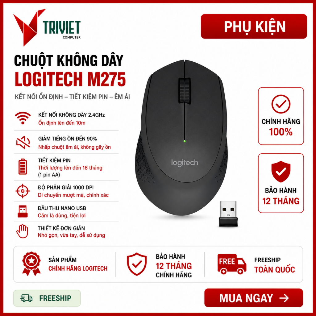 Chuột Không Dây Logitech M275 - Thiết Kế Công Thái Học Đầm Tay, Kết Nối 2.4GHz, Pin 18 Tháng