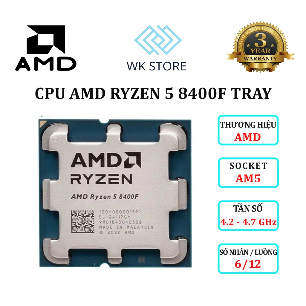 (FULL VAT) CPU AMD Ryzen 5 8400F Tray, 6 Nhân 12 Luồng, 4.2 Ghz, Mới //  Bảo Hành 36 Tháng