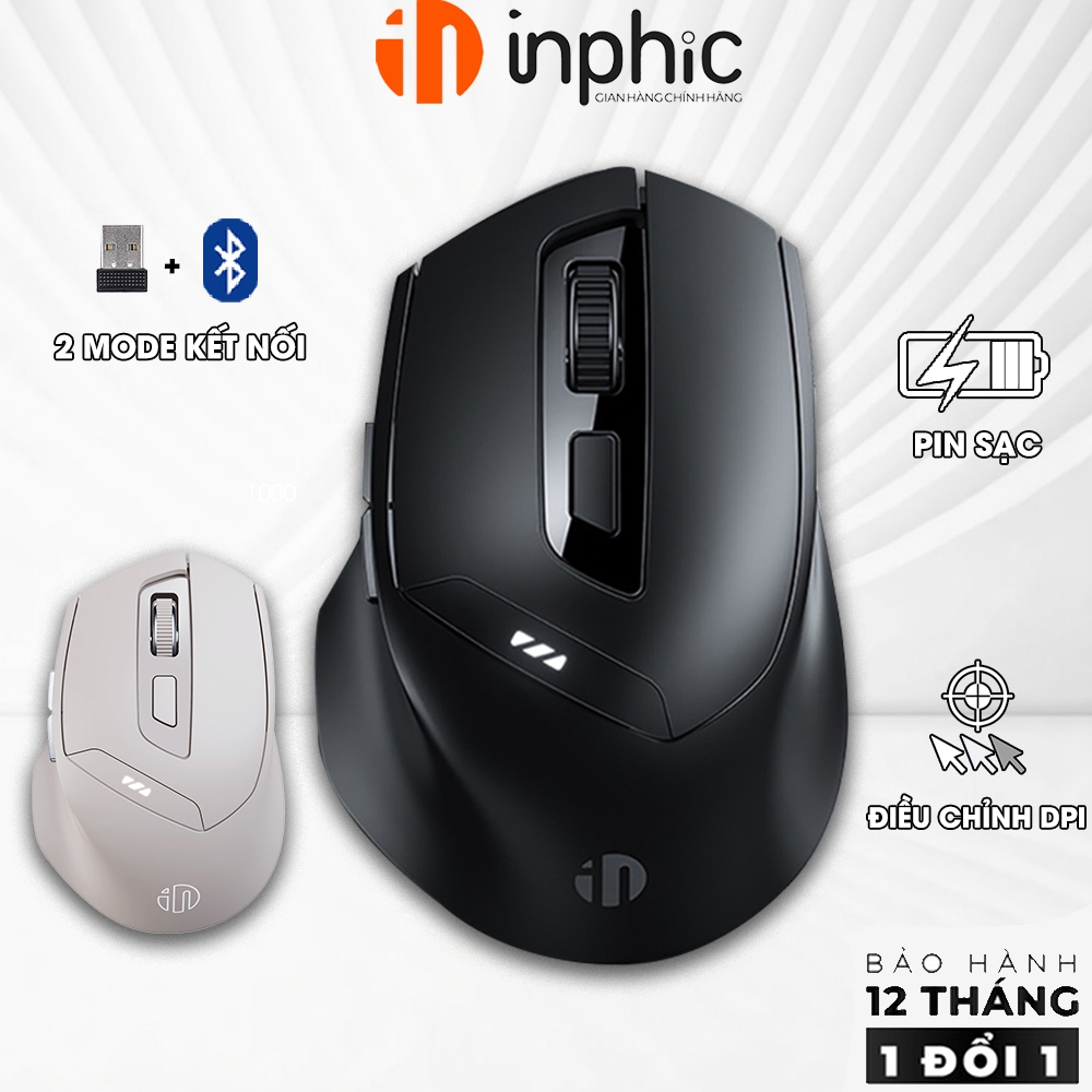 Chuột không dây bluetooth INPHIC DR01 wireless pin sạc silent chống ồn 6 nút bấm gaming văn phòng