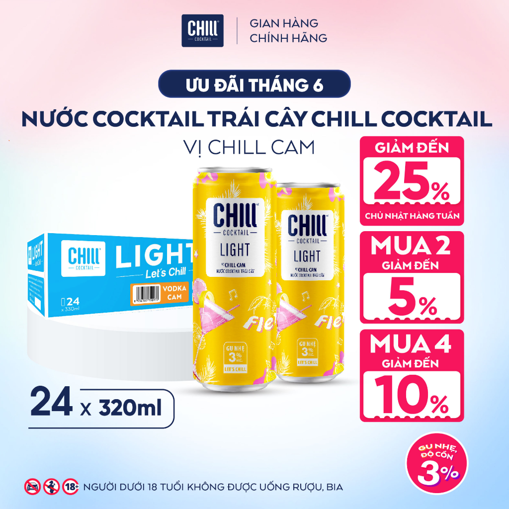 Thùng 24 lon Chill Cocktail Light vị Cam 330ml