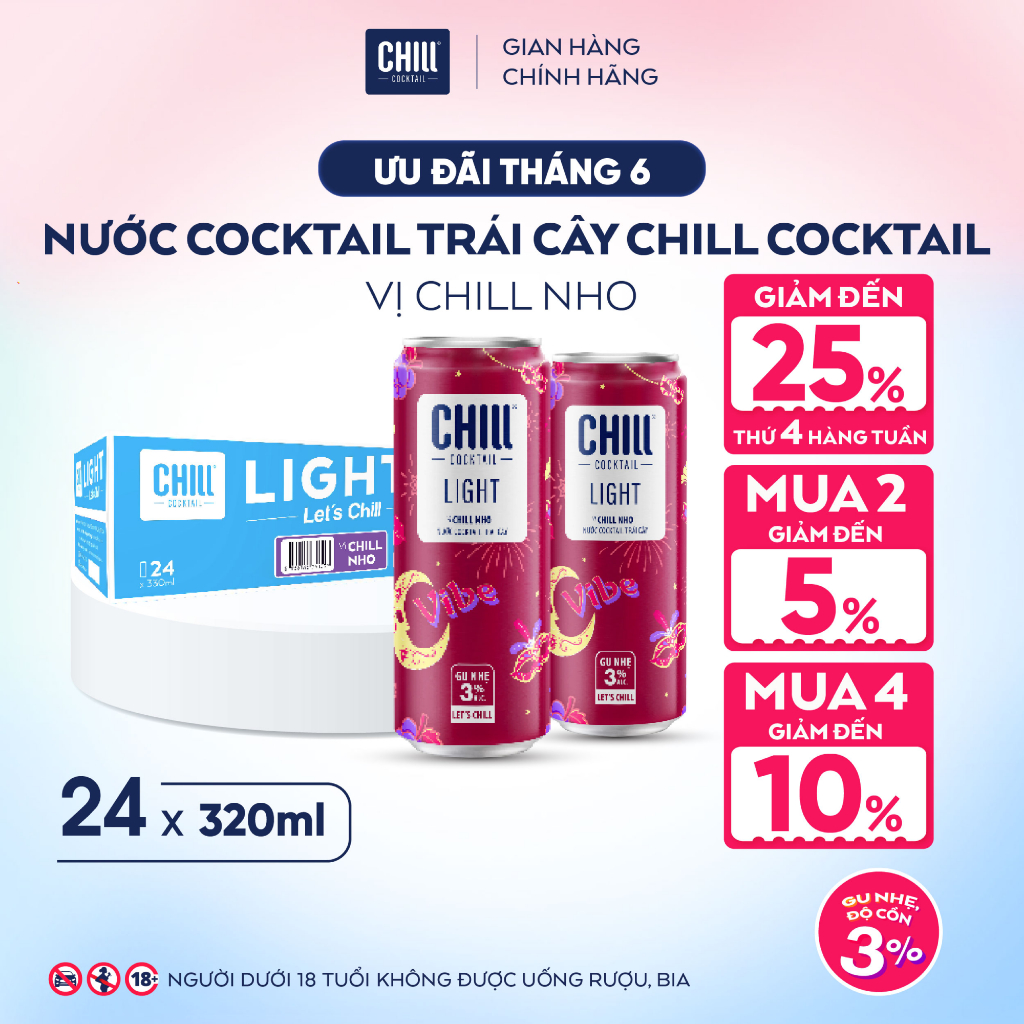 Thùng 24 Lon CHILL NHO 320ml, Nước Cocktail Trái Cây Gu Nhẹ 3% Ít Cồn - CHILL COCKTAIL LIGHT