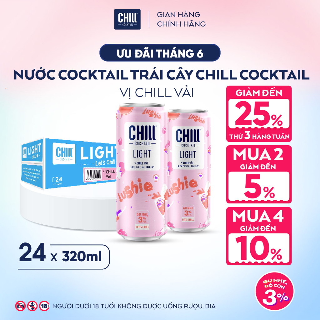 Thùng 24 Lon CHILL VẢI 320ml, Nước Cocktail Trái Cây Gu Nhẹ 3% Ít Cồn - CHILL COCKTAIL LIGHT