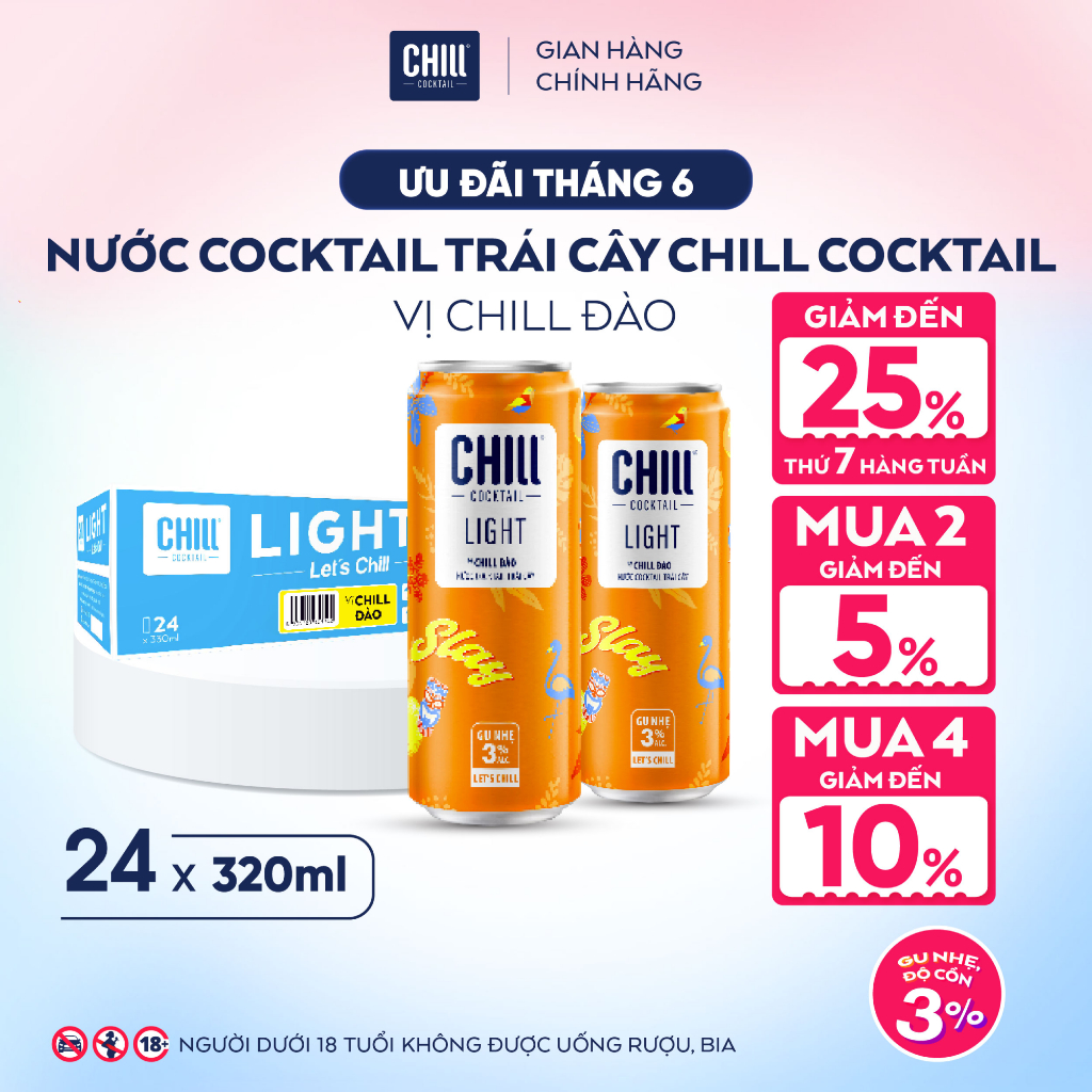 Thùng 24 Lon CHILL ĐÀO 320ml, Nước Cocktail Trái Cây Gu Nhẹ 3% Ít Cồn - CHILL COCKTAIL LIGHT