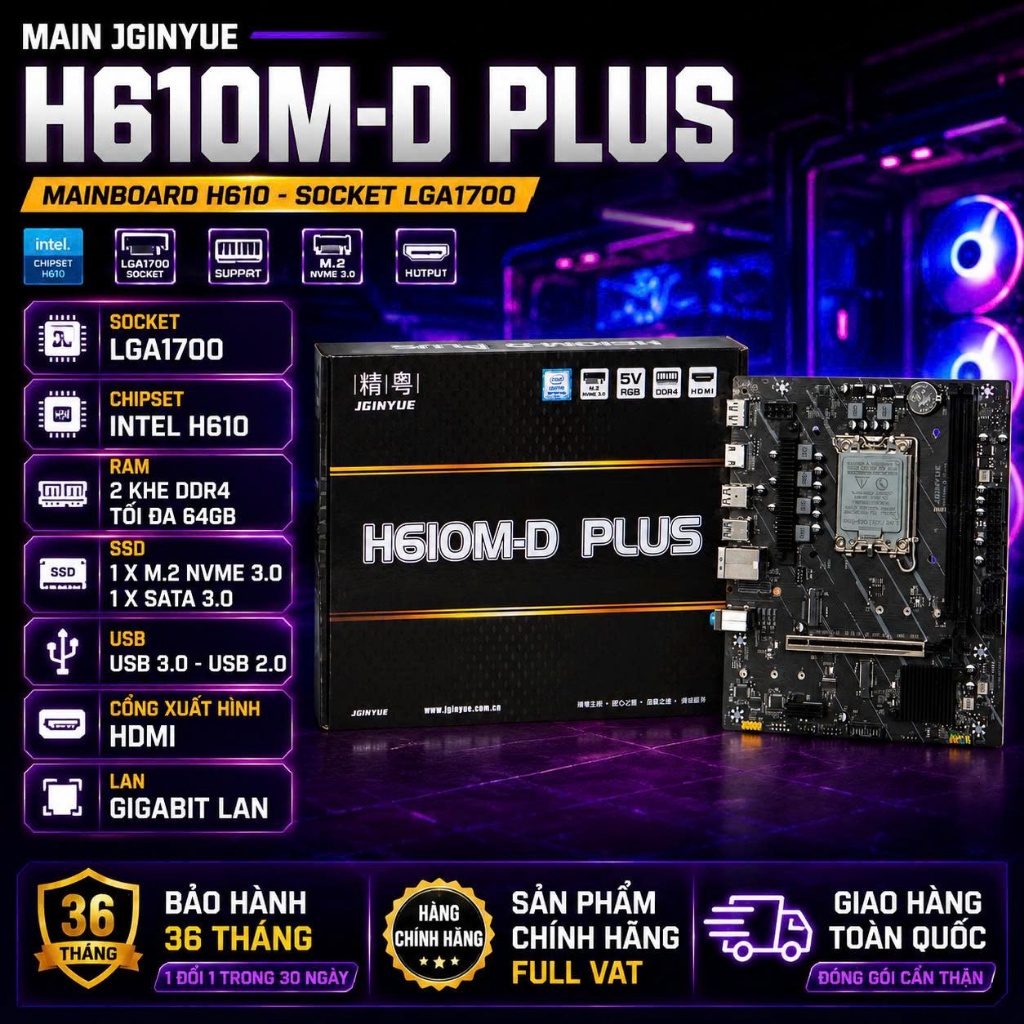 MAIN JGINYUE H610M-D PLUS D4 Hàng Chính Hãng Bảo Hành 36 Tháng | H610 FULL VAT
