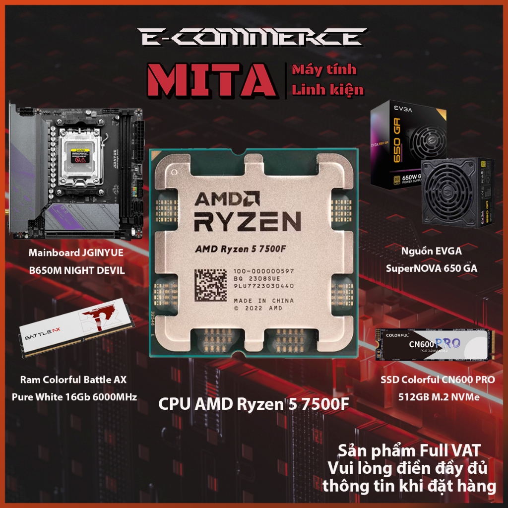 PC CPU AMD RYZEN 5 7500F + B650I + 16GB 6000MHz  + 650W Bảo hành 36 Tháng MITA DARKSIDE | MITA PC