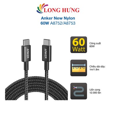 Cáp USB Type-C to Type-C Anker New Nylon 60W A8752/A8753 - Hàng chính hãng