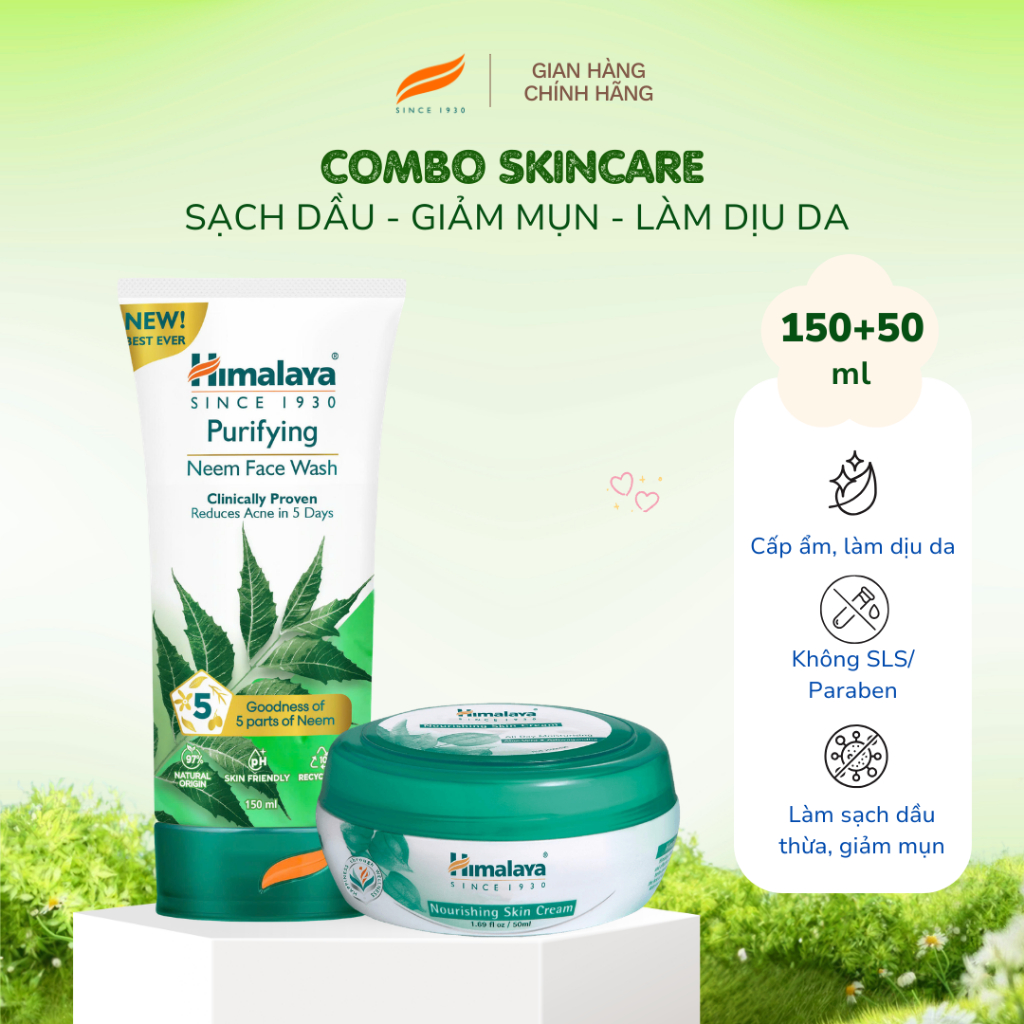 Combo làm sạch và dưỡng ẩm cơ bản Himalaya Neem Face Wash 150ml và Nourishing Skin Cream 50ml