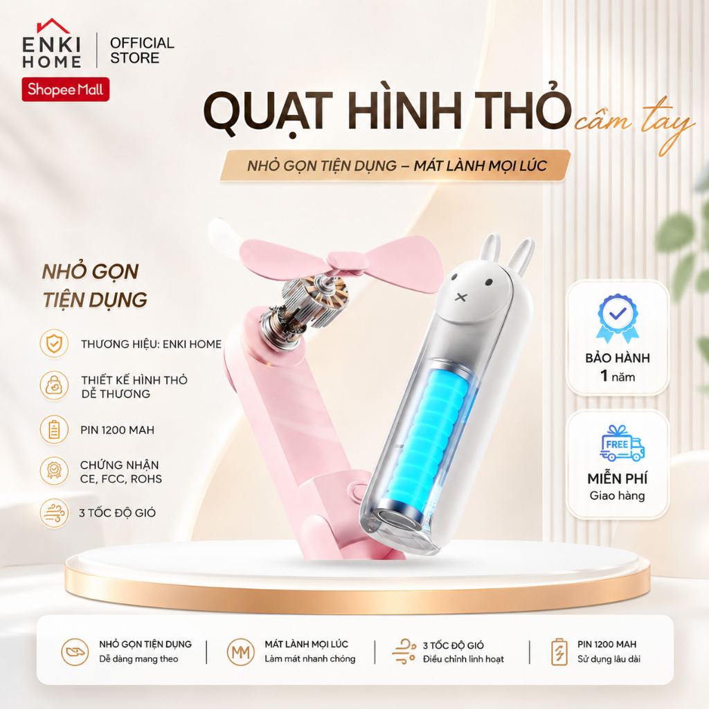Quạt Mini Cầm Tay ENKI HOME Model P06 Pin 1200mAh Sạc USB Gấp Gọn Thiết Kế Dễ Thương Kích Thước Mini