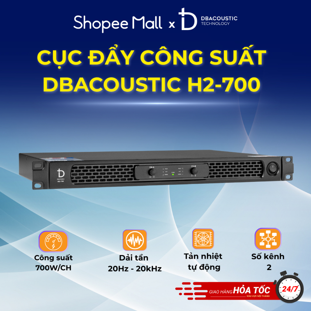 Đẩy Công Suất DBacoustic H2-700 - Công suất 700W - 2 kênh - Nhỏ Gọn - Mạch Class D - Chính Hãng
