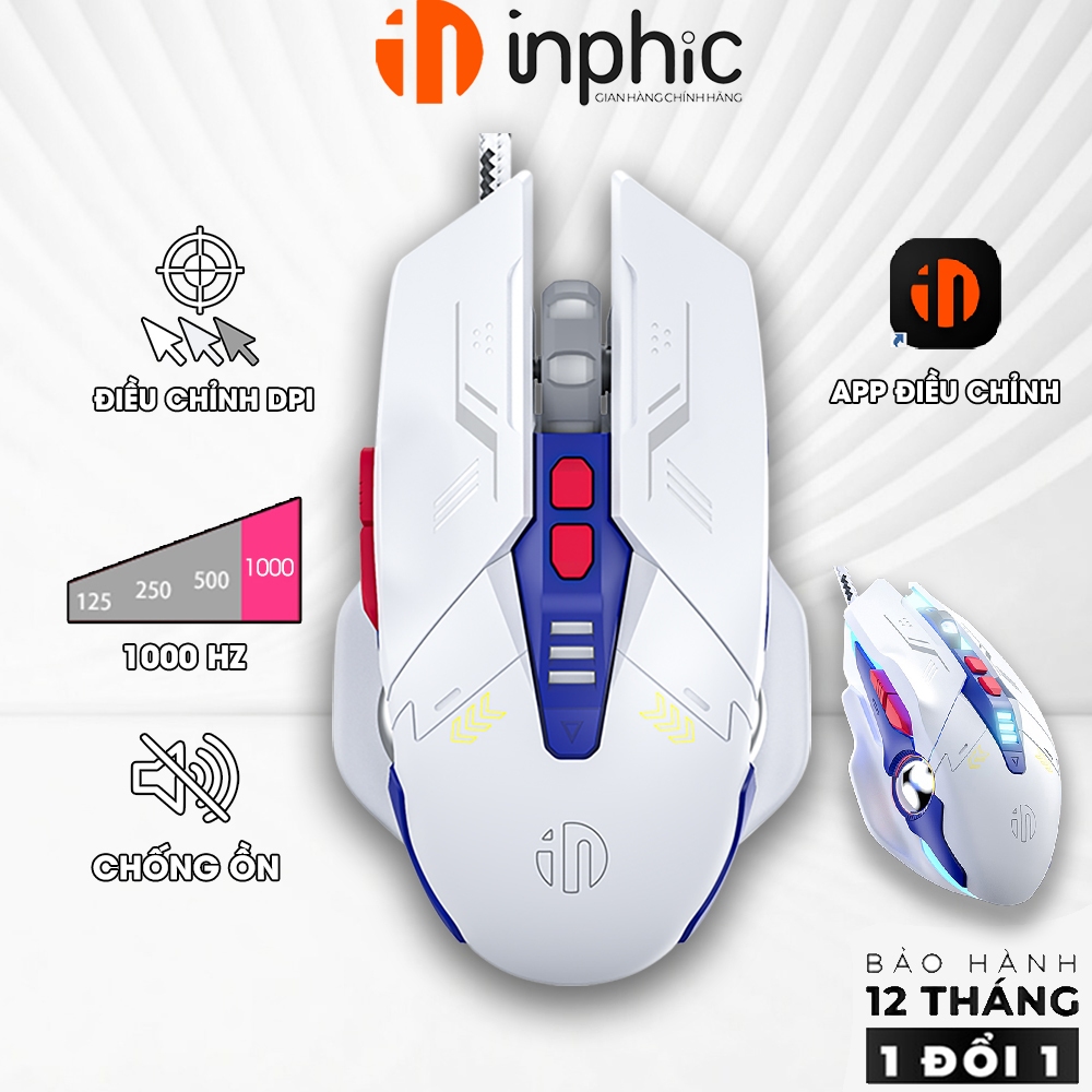 Chuột gaming có dây INPHIC W9P GUNDAM 7 nút bấm 12800 DPI có app macro combo auto click