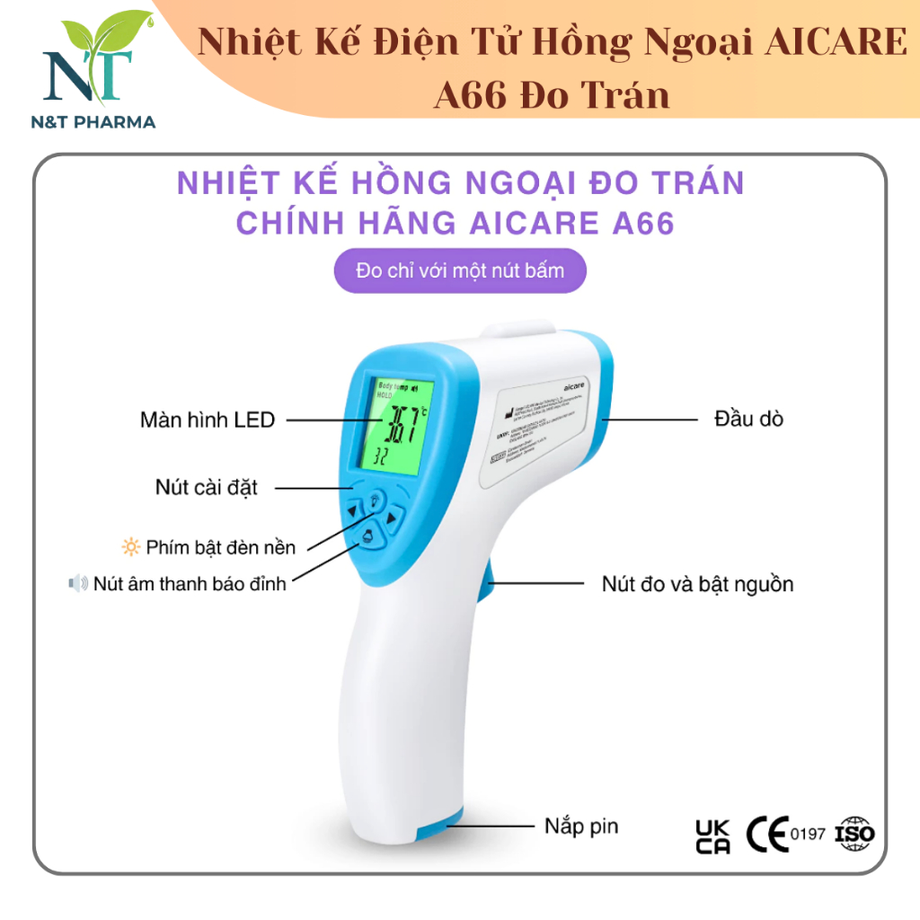 Nhiệt Kế Điện Tử Hồng Ngoại AICARE A66 Chính Hãng AICARE - Đo Trán Cho Cá Nhân, Dễ Sử Dụng Tại Nhà