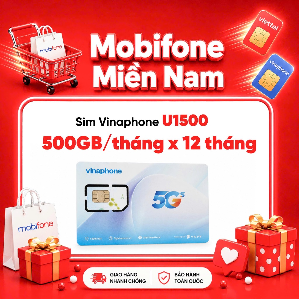 🌟[U1500 500GB/tháng] Sim 5G Vinaphone U1500 có 500GB/tháng trọn gói 1 năm không cần nạp tiền