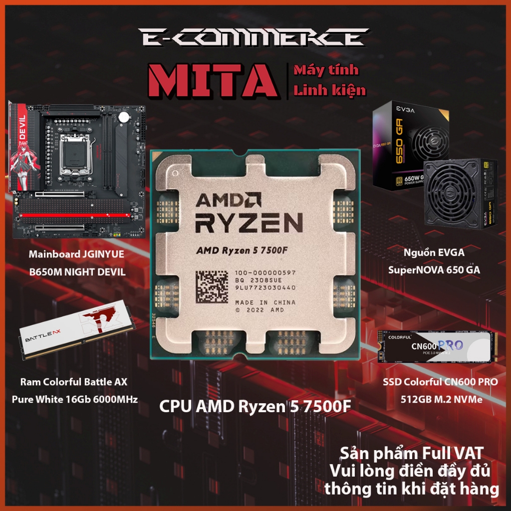 PC CPU AMD RYZEN 5 7500F + B650M + 16GB 6000MHz  + 650W Bảo hành 36 Tháng MITA VANGUARD | MITA PC