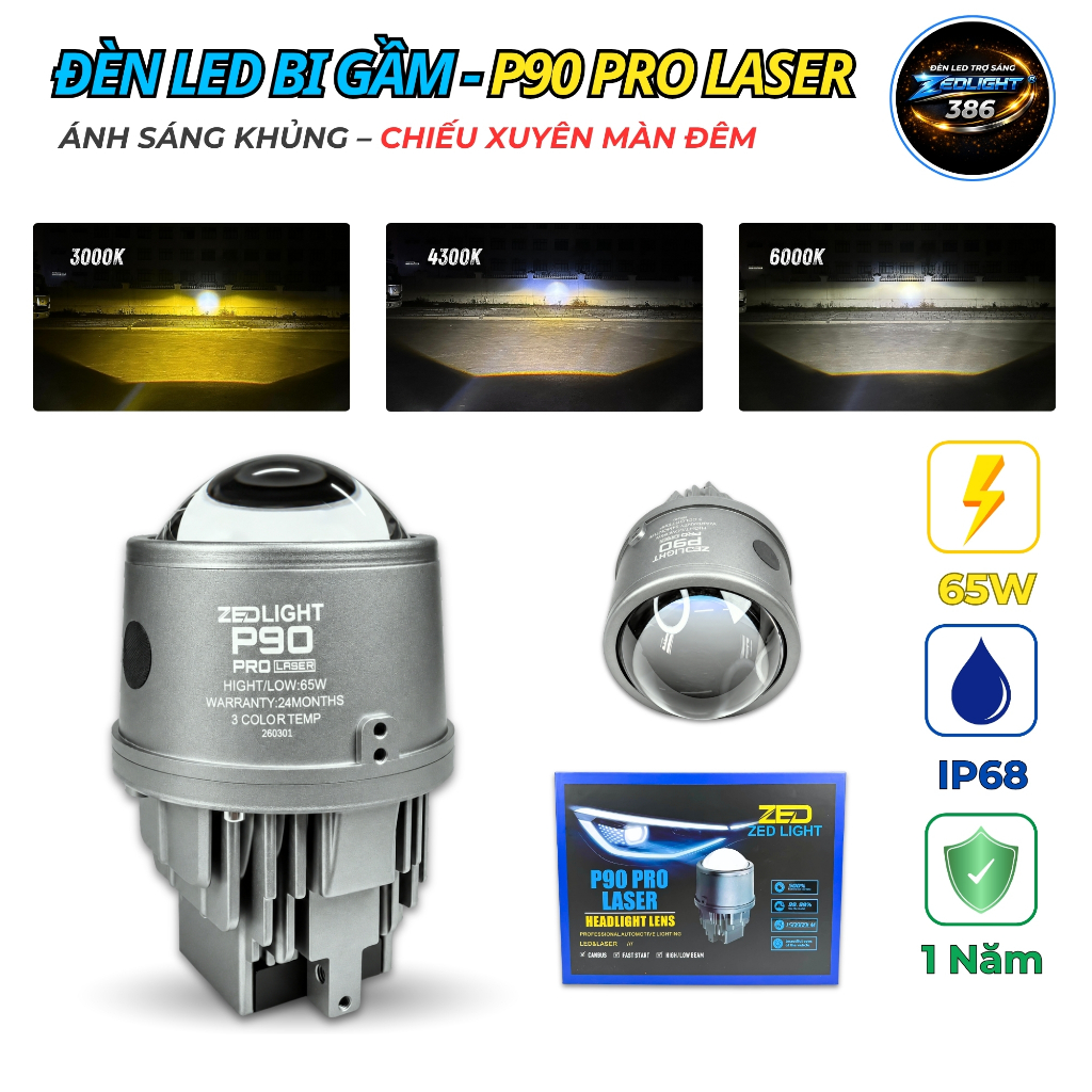 Đèn LED Bi Gầm 3.0 P90 Pro Laser ZEDLIGHT - 65W Trợ Pha Laser Chiếu Xa Trên 200m, Lắp Gầm Oto - Bảo 