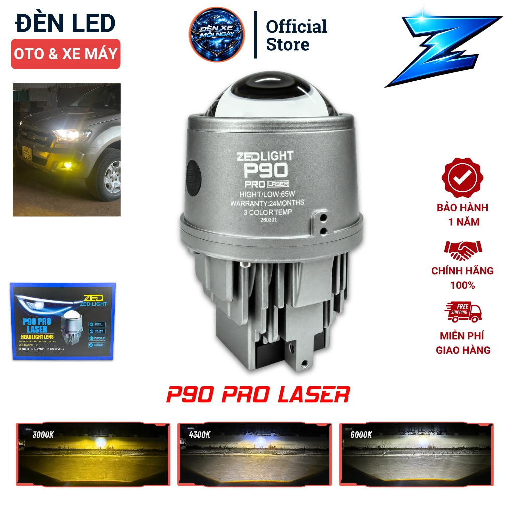 Đèn Bi Gầm ZED LIGHT P90 Pro Laser - 3 Gam Màu, Pha Laser Chiếu Xa Tới 300m, Đèn Gầm Lắp Oto, Xe Tải