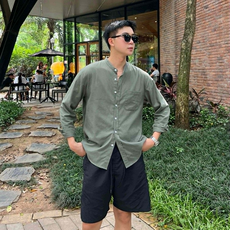 Áo sơ mi nam cổ tàu vải linen form xuông rộng - Halioman