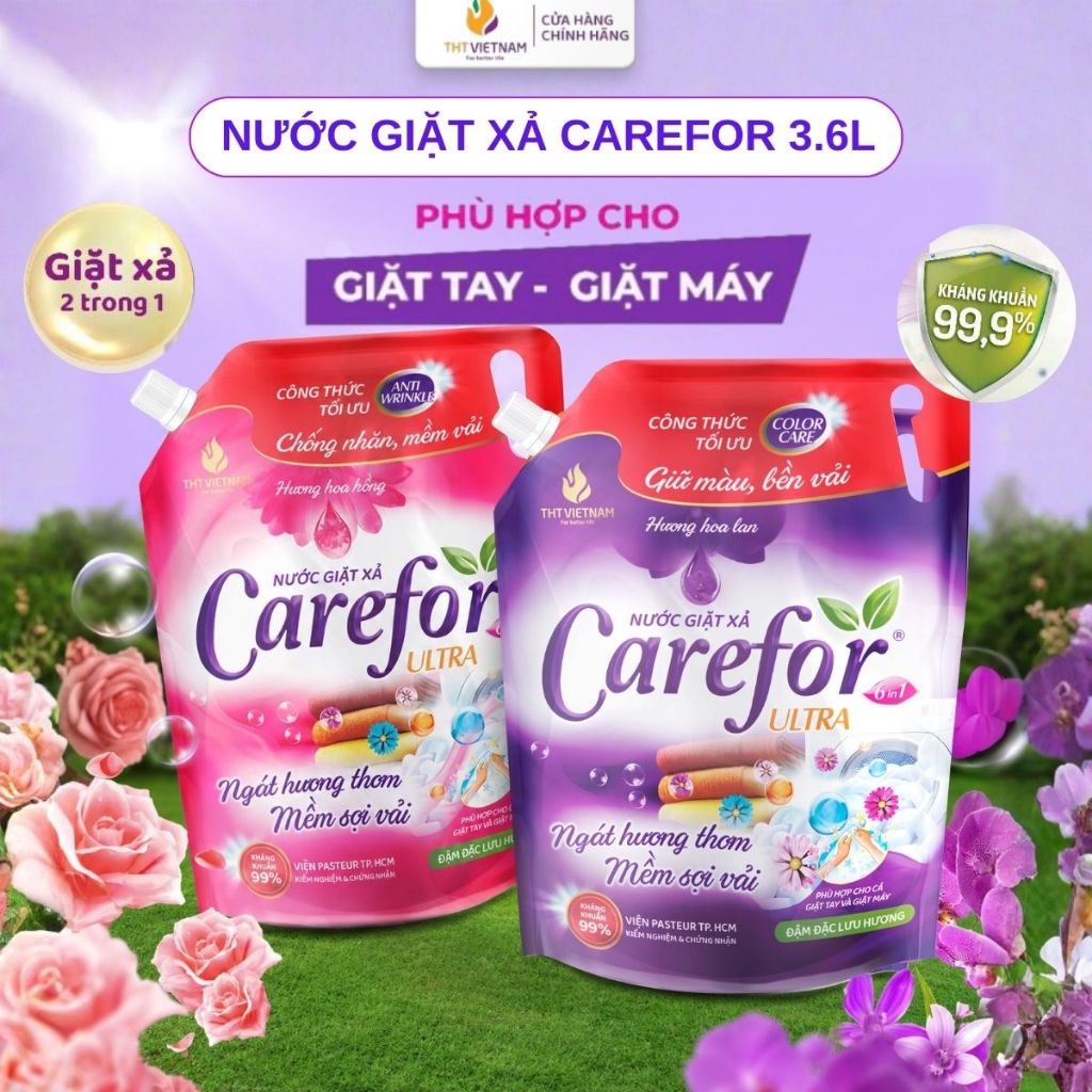 Combo 2 Nước Giặt Xả Carefor Ultra Tổng 7.2L Thơm Lâu Bền màu Mềm Sợi Vải Hương Hoa Lan Hoa Hồng