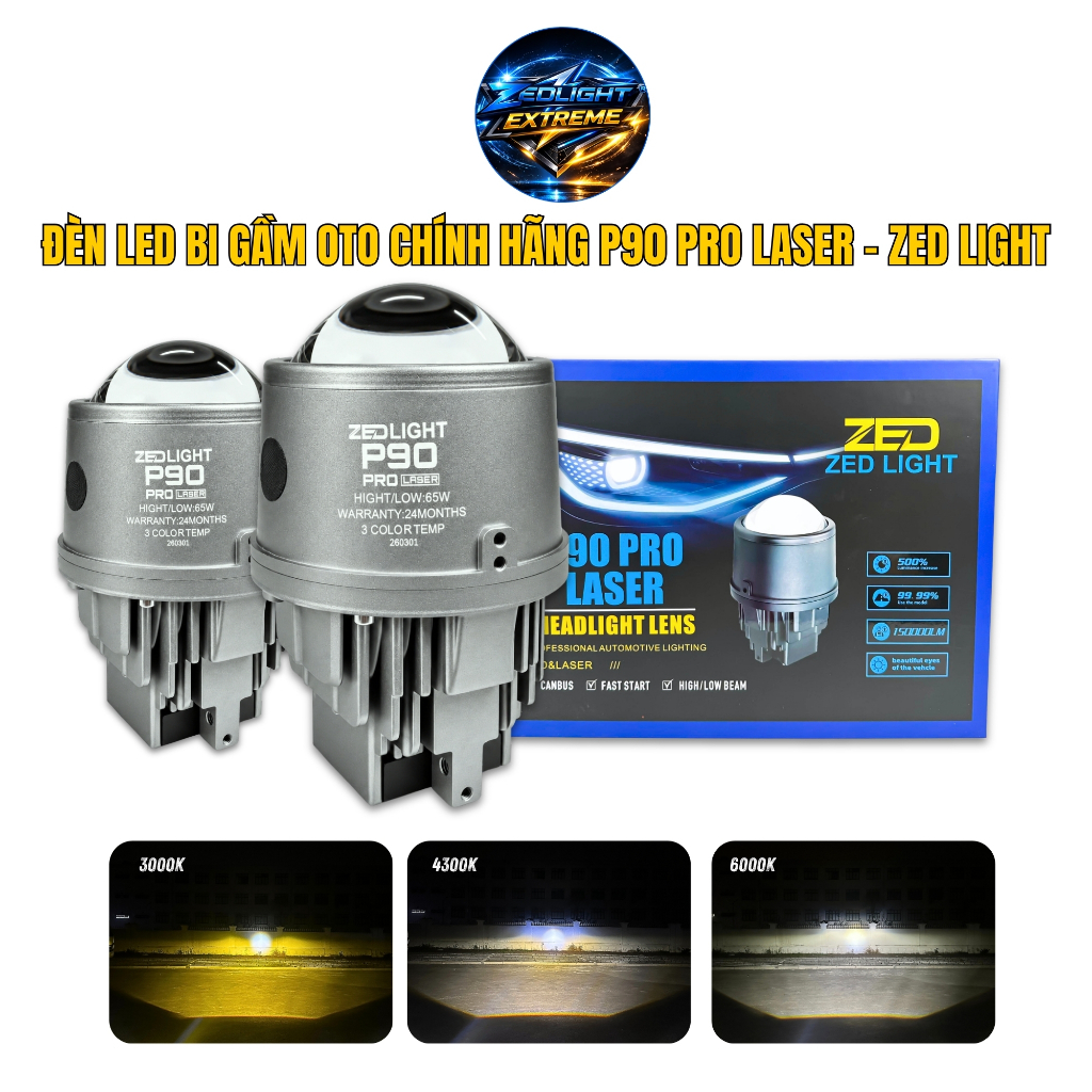 Đèn Bi Gầm 3.0 ZED LIGHT P90 Pro Laser - 3 Gam Màu, Pha Laser Chiếu Xa Tới 300m, Đèn Gầm Lắp Oto, Xe