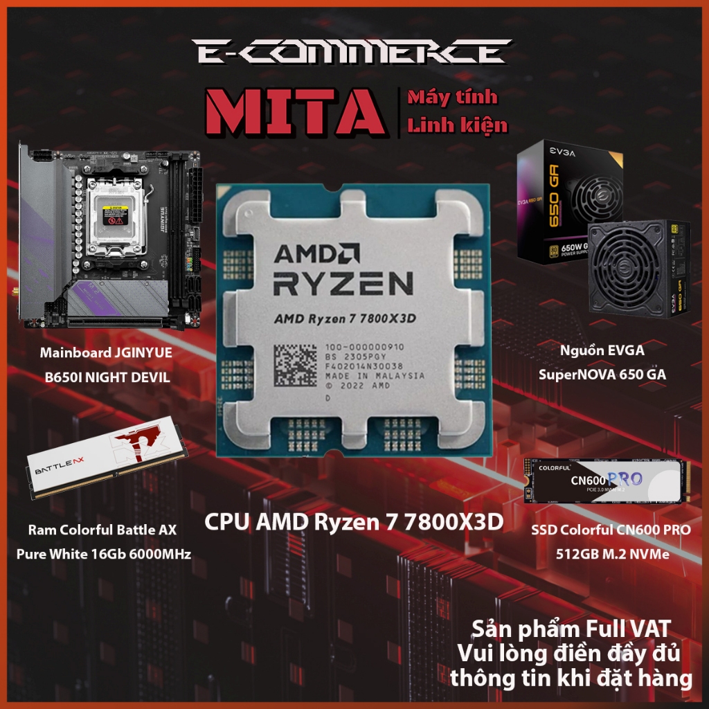 PC CPU AMD RYZEN 7 7800X3D + B650M + 16GB 6000MHz  + 650W Bảo hành 36T MITA  QUANTUM R7 7800X 3D MIT